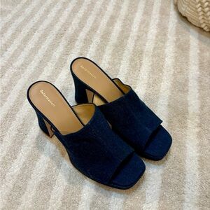 Reformation Dark Navy Denim Slide Mules with Block Heel